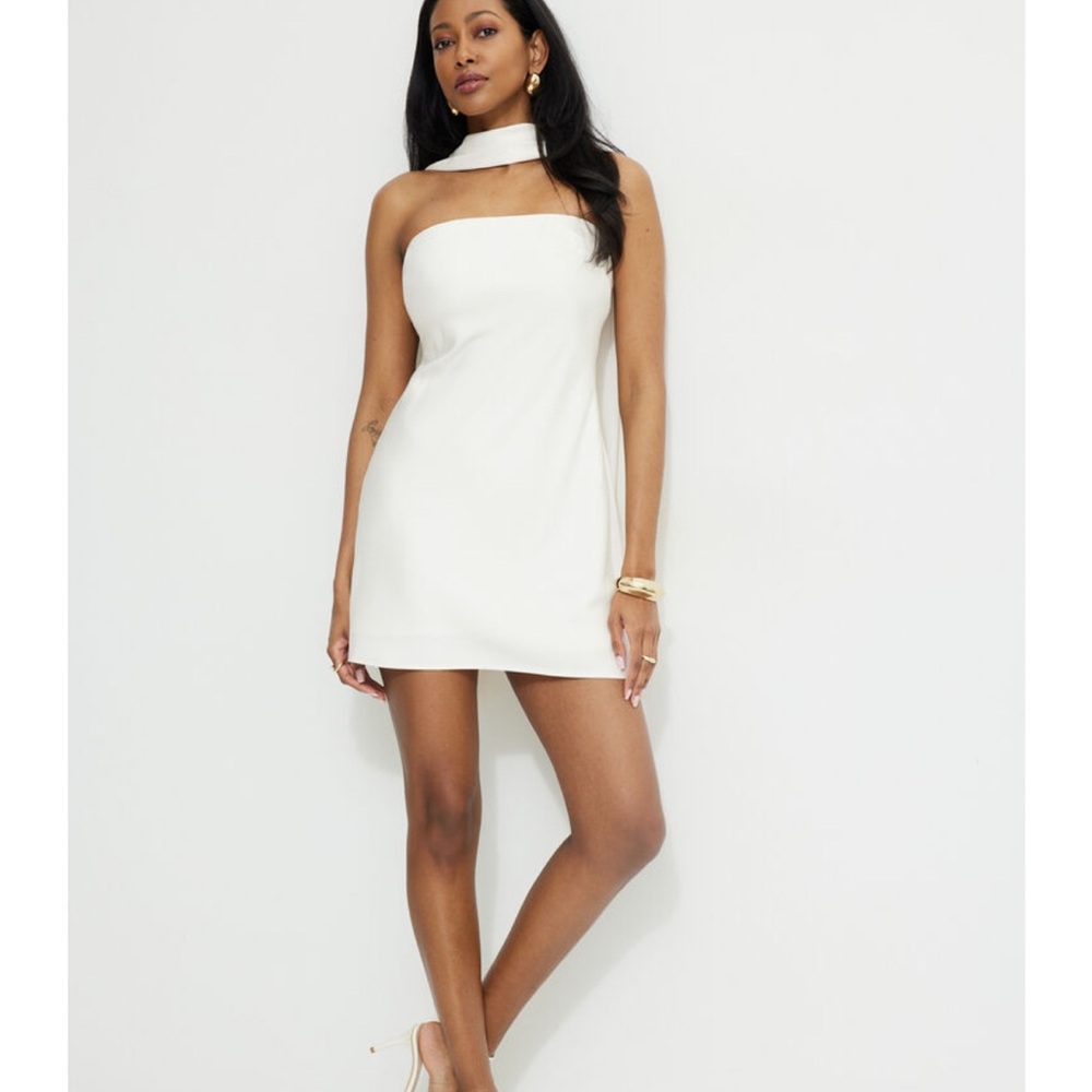 Ivory Satin Mini Tube Dress With Scarf - Picture 2 of 3